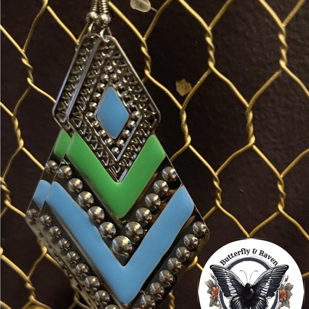 Chevron Patterned Earrings with Green and Blue